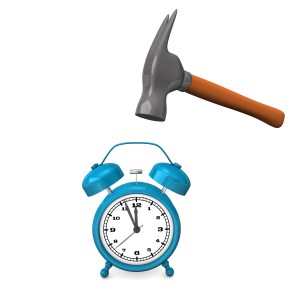 Blue alarmer with a hammer on the white background.